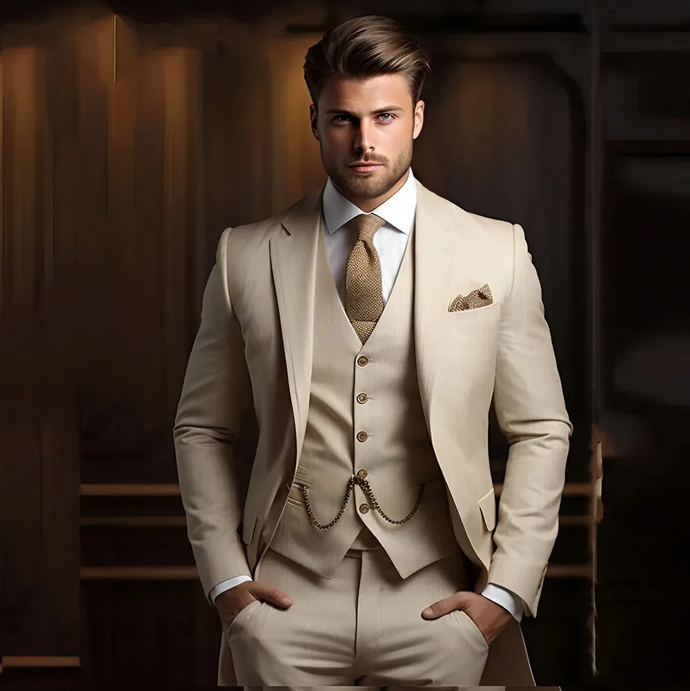 Khaki Men\'s Suit 3 Piece Suit Wedding Groom Tuxedo Formal Jacket Pants Vest XS-5XL Custom Outfit for Mens