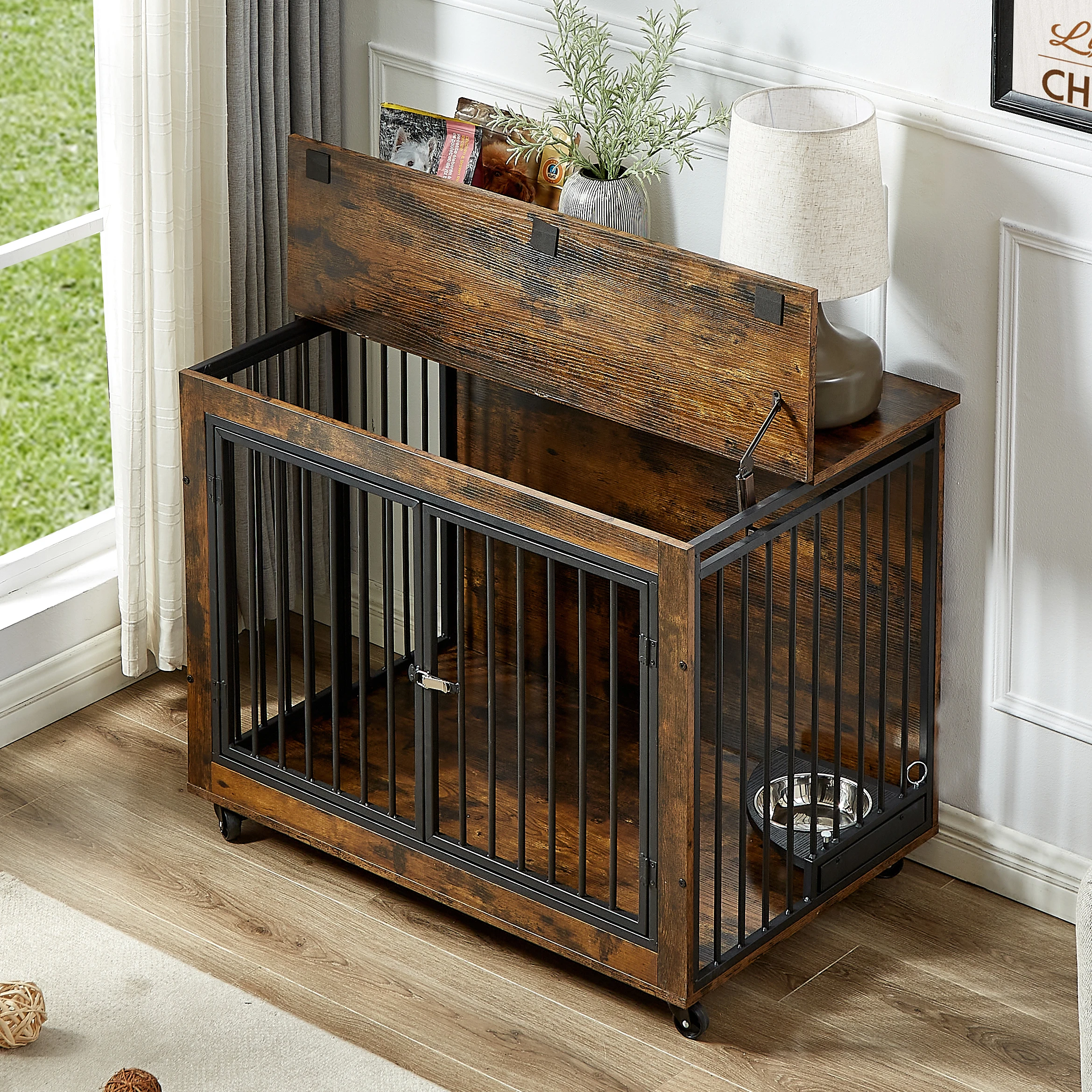 Dog Crate Side Table With Rotatable Feeding Bowl, Wheels, Three Doors, Flip-Up Top Opening. Indoor, Rustic Brown