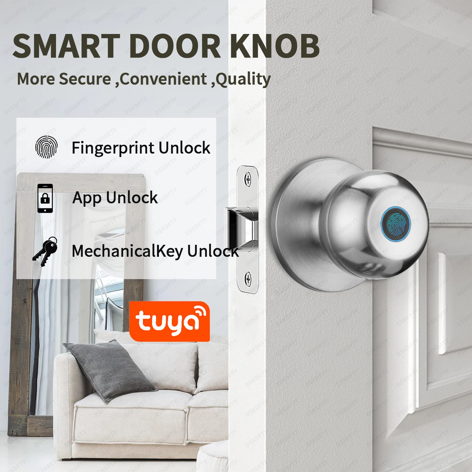 Fingerprint Door Lock, APP Smart Fingerprint Door Knob with Lock, Biometric Door Lock for Bedroom, Front Door, Home, Apartment