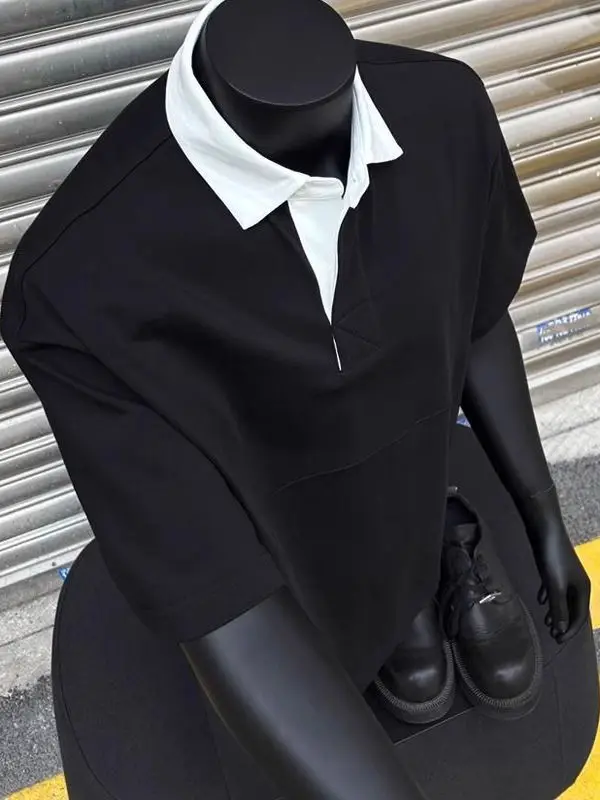 

Мужская летняя футболка-поло с отложным воротником, имитация двухслойности, с цветными блоками и пэчворком, очень большого размера (300 Pou)