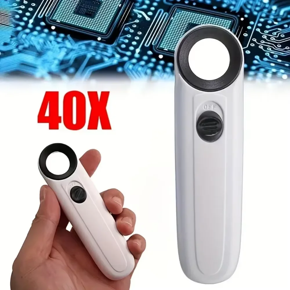 Lupa de Mão 40X com Duas Luzes LED para Identificação de Joias, Diamantes e Jade - Espelho HD com Lente de Aumento