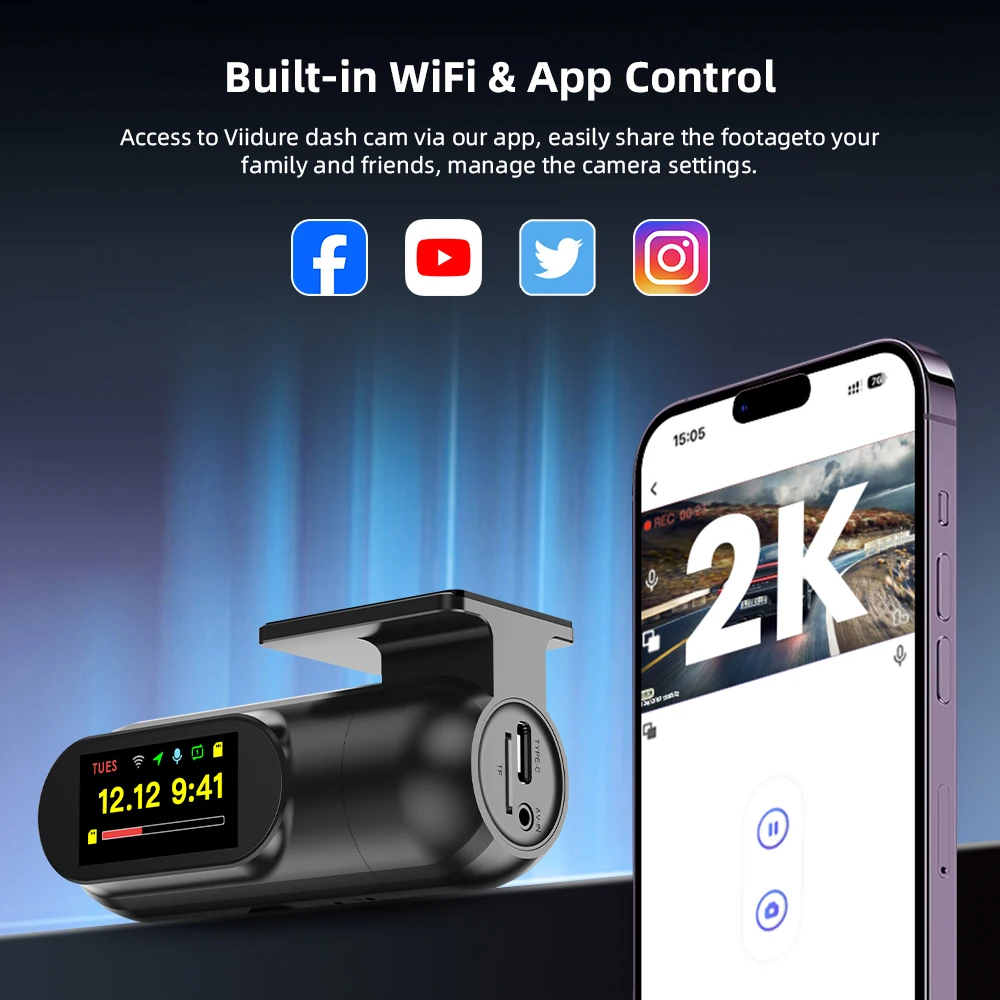 Acceo 2.5K QHD Dash Cam WiFi GPS 2560*1440 Car DVR 24H Parking Monitor Loop Recording Night Vision Mini Dash Camera