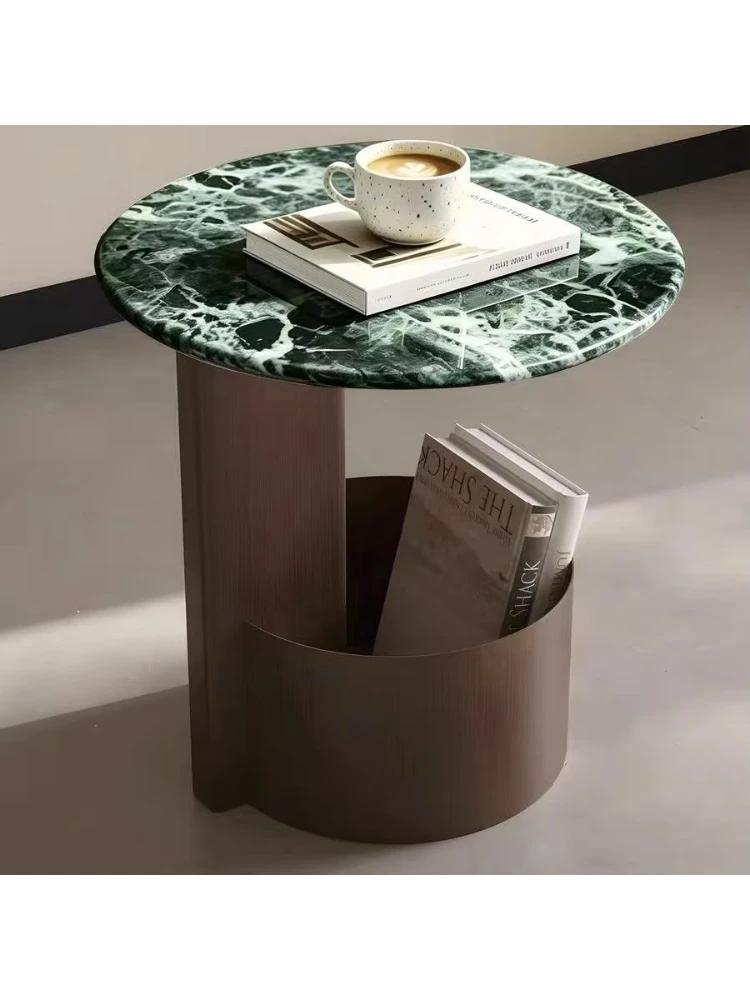 Italian light luxury round small coffee table marble countertop metal storage wabi-sabi style living room side table