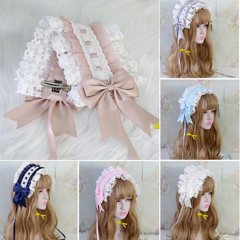 Lolita Ruffled Headband Sweet Star Embroidery Lace Ribbon Bow Hairband with Hairpins Anime Maid Cosplay Headdress