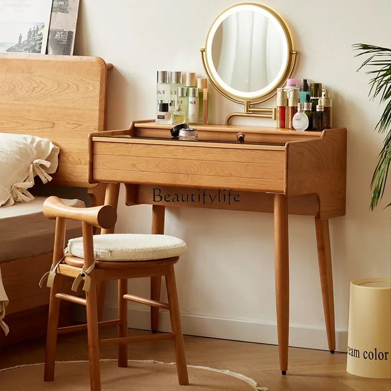 

Nordic solid wood dresser modern simple retro cherry wood makeup table with mirror integrated table