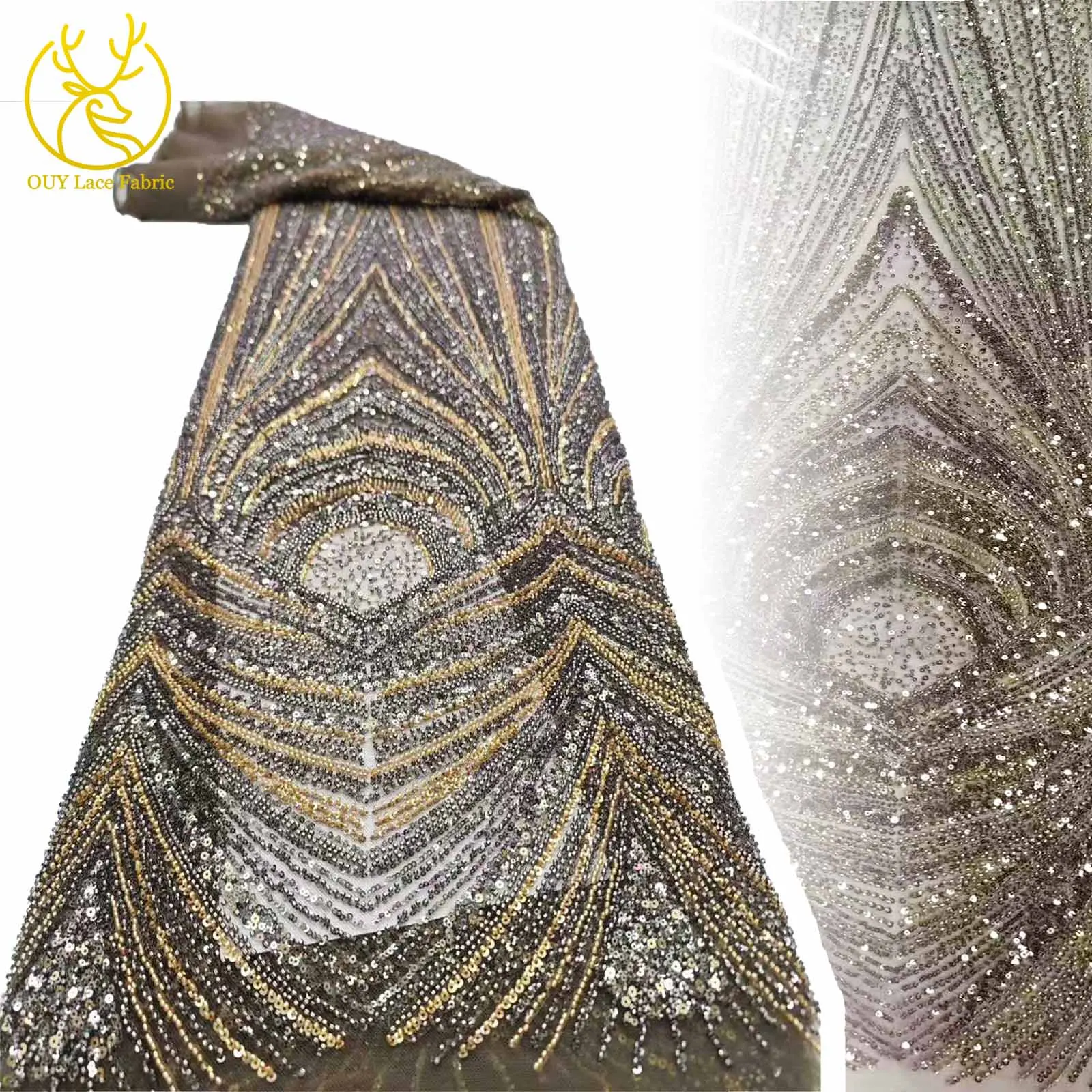 

2025 Luxury French Sequin Mesh Lace Fabric African Nigerian Handmade Beaded Lace Fabric for Wedding Dress Sewing Material