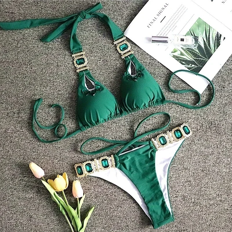 2025 Two 2 Piece Swimsuit Female Luxury Crystal Sexy Thong String Bikini Set Women Swimwear Beach Wear Bathing Suit