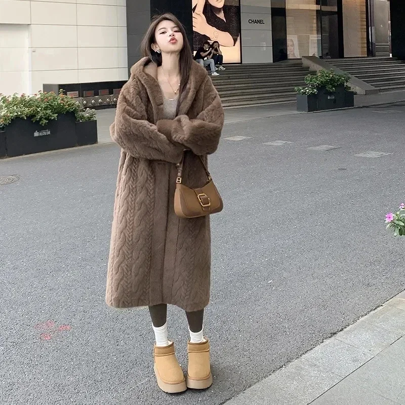 Pop ﻿ 2025 Winter New Thick Women's Long Imitation Mink Plush Cardigan With Integrated Fur Eco-Friendly Hooded Fur Coat Solid Co