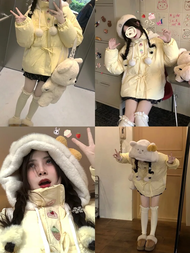 Vintage Kawaii Long Sleeve Loose Coat with Hooded Women Japanese Cute Zipper Sweatshirts Female Casual Y2k Jacket Overcoat Chic