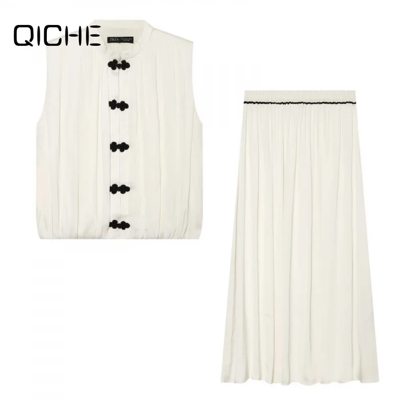 QICHE European American Women Trendy Casual Knot‑Button Top And Stretch Satin Midi Dress Two‑Piece Outfit
