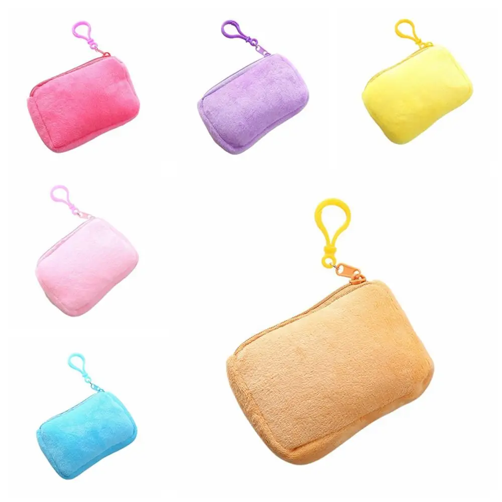 Monedero de felpa de Color liso con llavero, bolsa de lápiz labial con cremallera de gran capacidad, estilo coreano, rectangular, Bolso pequeño para auriculares