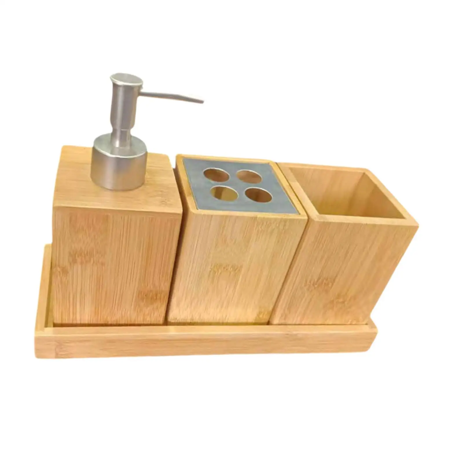 4x Bathroom Accessories Set Bamboo Organizer Toothbrush Holder Tray Mouthwash Cup for Vanity Bathroom Countertop Household Hotel