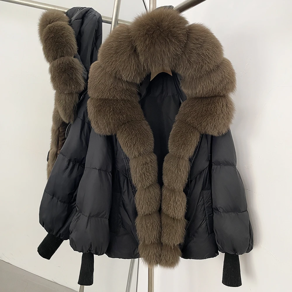 Down Coat New Winter Large Real Fur Hooded Puffer Jacket Women Thick Real Fur Warm Knitted Sleeve White Duck Down Jacket Parka