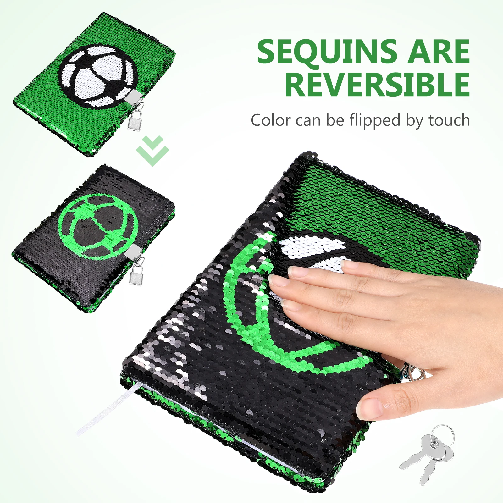 Football Pattern Sequin Notebook Lock and Keys Diary Journal for Women Reversible Sequins Privacy Security
