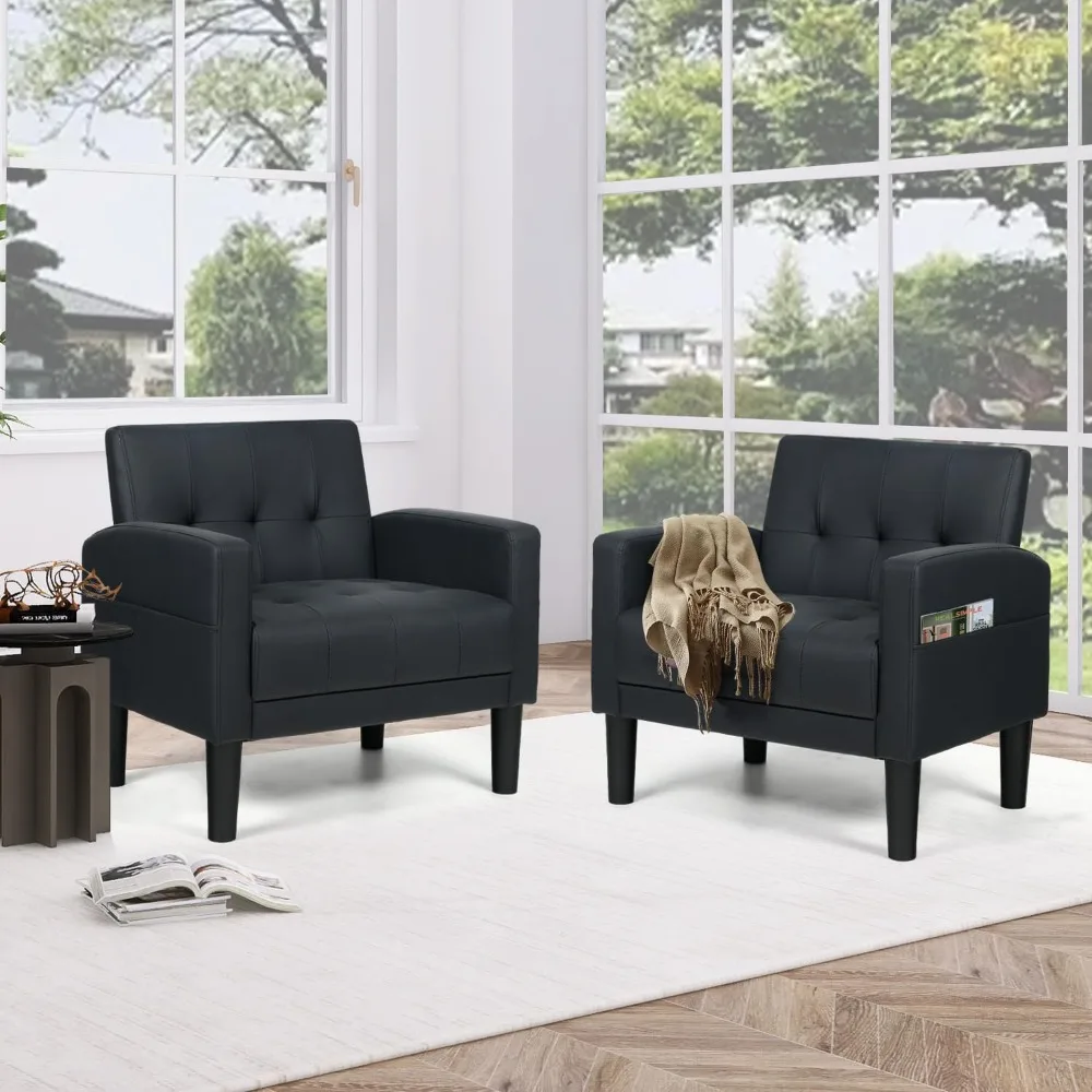 Accent Chairs Set of 2 for Living Room, Upholstered Comfy Armchair, Modern Fabric Single Sofa Chair with Side Pockets