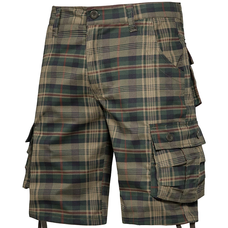 Short cargo à carreaux pour homme, pantalon au genou, coton, mince, décontracté, sport, poche utilitaire, grande taille, culotte de bain droite, été