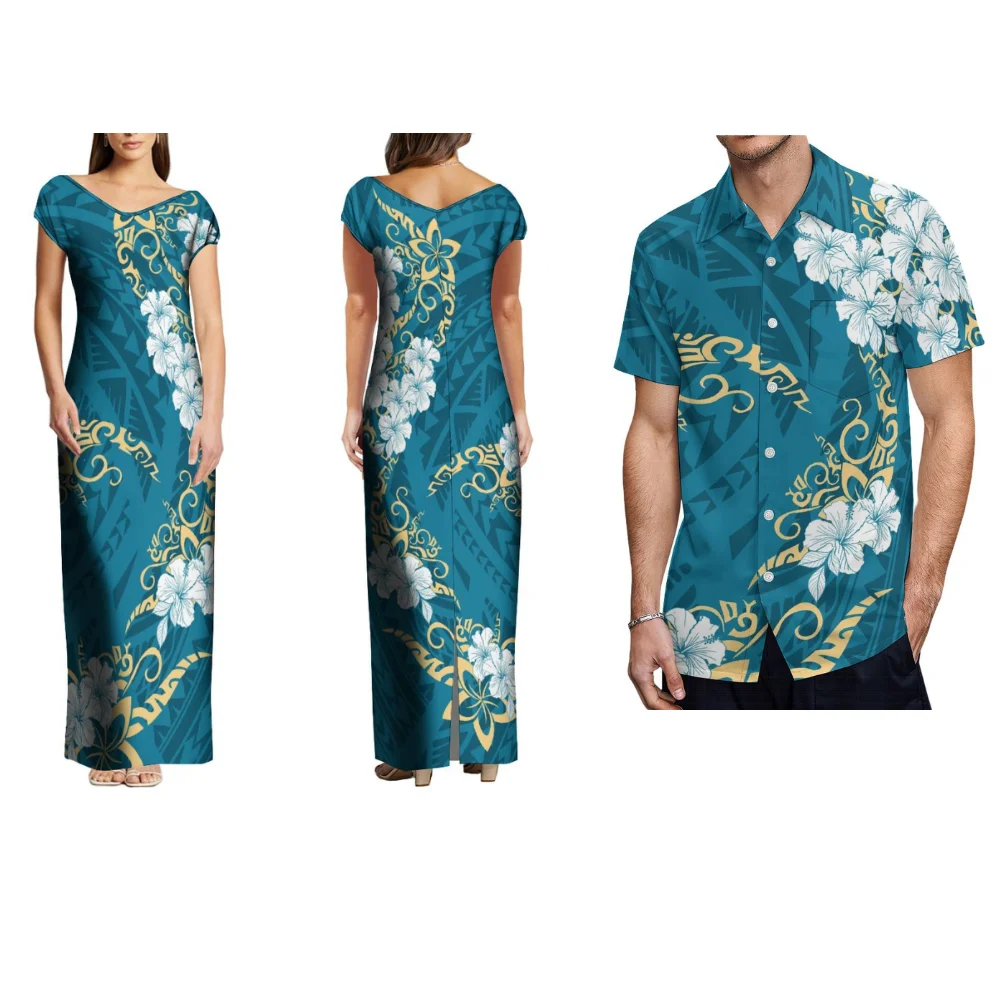 Polynesian Patterned Art Print Couple New Design Women'S V-Neck Elegant Long Dress Men'S Casual Shirt Fiji Island Samoan Flowers