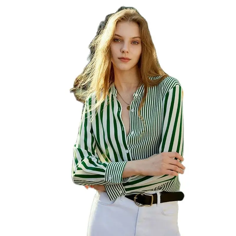 BirdTree 100%Real Silk Elegant Shirt, Women Retro Long Sleeve Striped Lapel, French Design Sense Blouse, 2024 Spring T42124QC