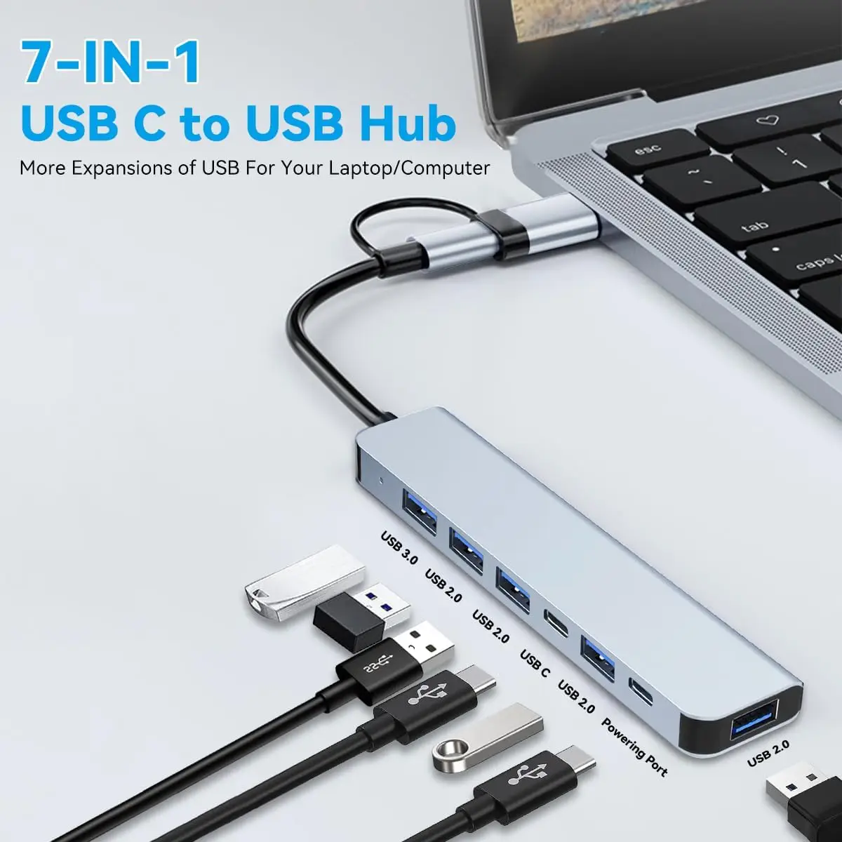 USB C Hub USB Splitter 7 in 1 USB Extender Multiport USB Adapter with 5 USB Ports 1 USB-C 60W PD Charging Port for MacBook Pro