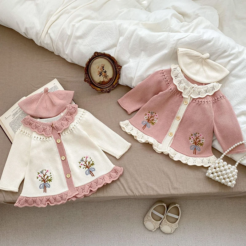 Autumn Spring Children Clothes Newborn Baby Girls Knitting Cardigan Long Sleeved Floral Embroidery Toddler Baby Girls Sweater