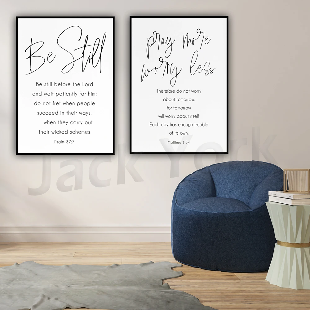 Verse Wall Art Matthew 6:34, Psalm 37 7 Pray More & Be Still Scripture Minimalist Modern Christian Gift for Women