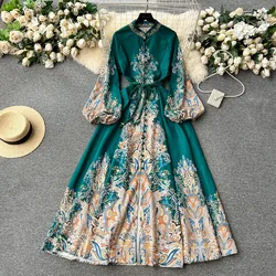 Vintage Print Elegant Lantern Long Sleeve Single Breasted A-line Dress Casual Women  Fashion Autumn Spring Dress