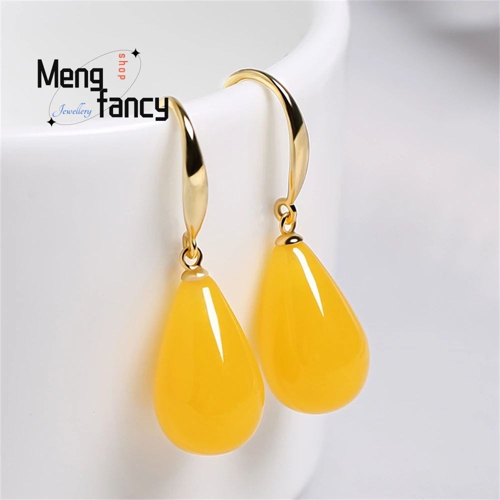 أقراط كهرمان، أقراط كهرمانية من الذهب عيار 18 قيراط، أقراط من الفضة عيار 925 على شكل دجاجة كلاسيكية باللون الأصفر الدهون للنساء أنيقة ورائعة #2