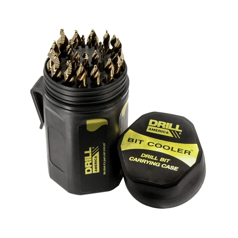 29 Piece Cobalt Stepped Point Drill Bit Set in Round Case w/Gold Oxide Finish for Drilling Acrylic, Steel, Hard Metals