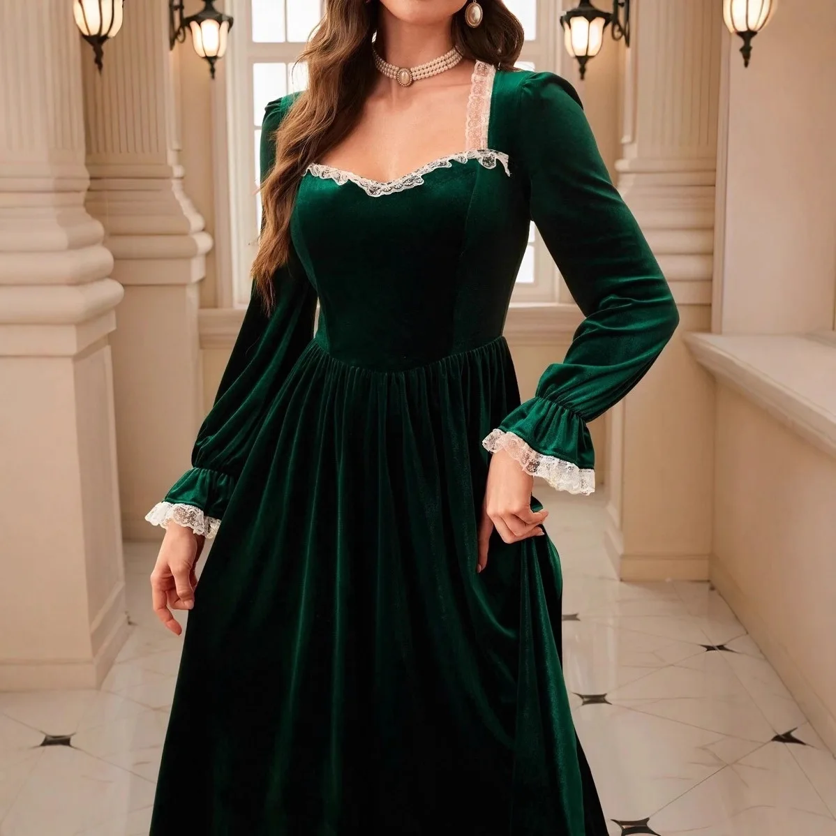 

Elegant Women's Dress Women's Autumn Winter Solid Color Lace Trim Patchwork Velvet Ruffled Long Sleeve Dress Party Evening Wear