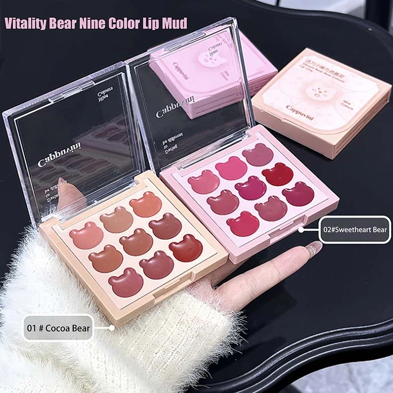 Cappuvini 9 Colors Velvet Lip Mousse Matte & Natural Finish Palette Lip Mud Long-Lasting Non-Drying Cute Bear Design Lipstick