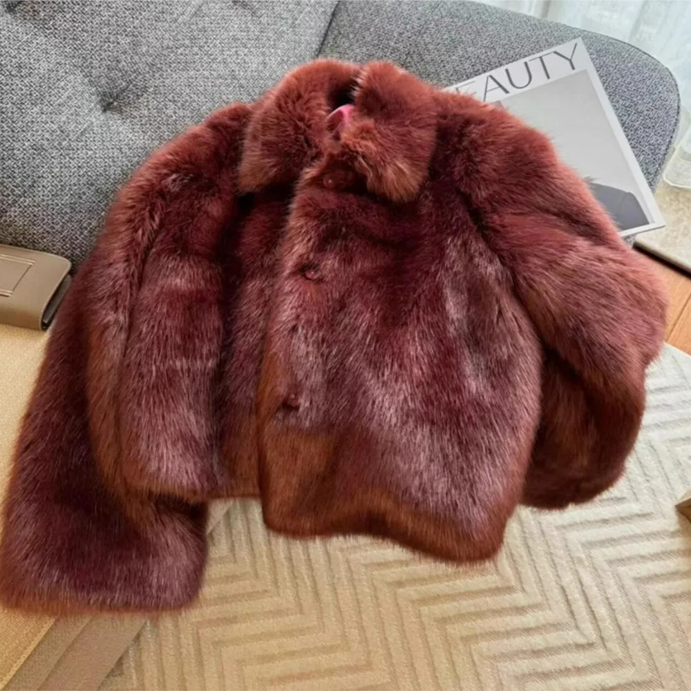 Winter Brown red Turn down Collar Lapel Hairy Shaggy Soft Faux Fur Coat Women Full Sleeve Furry Warm Jacket Short Outerwear