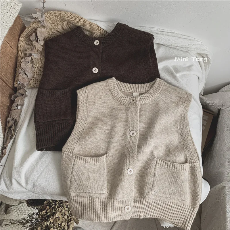Simple Children\'s Clothing Kids Knitted Vest Solid Versatile Girls Sweater Spring and Autumn Boys Clothes Pocket Vest Cardigan
