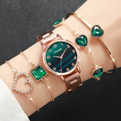 5PCs/Set Classic Style Watch Set Fashion Stainless Steel Dial Green Watch Bracelet Set