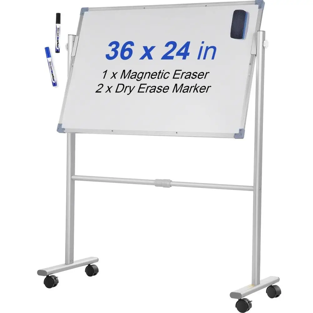 

Reversible Double Sided Magnetic Dry Erase Board 36x24 Inch Adjustable Height Lockable Wheels for office School Home Use