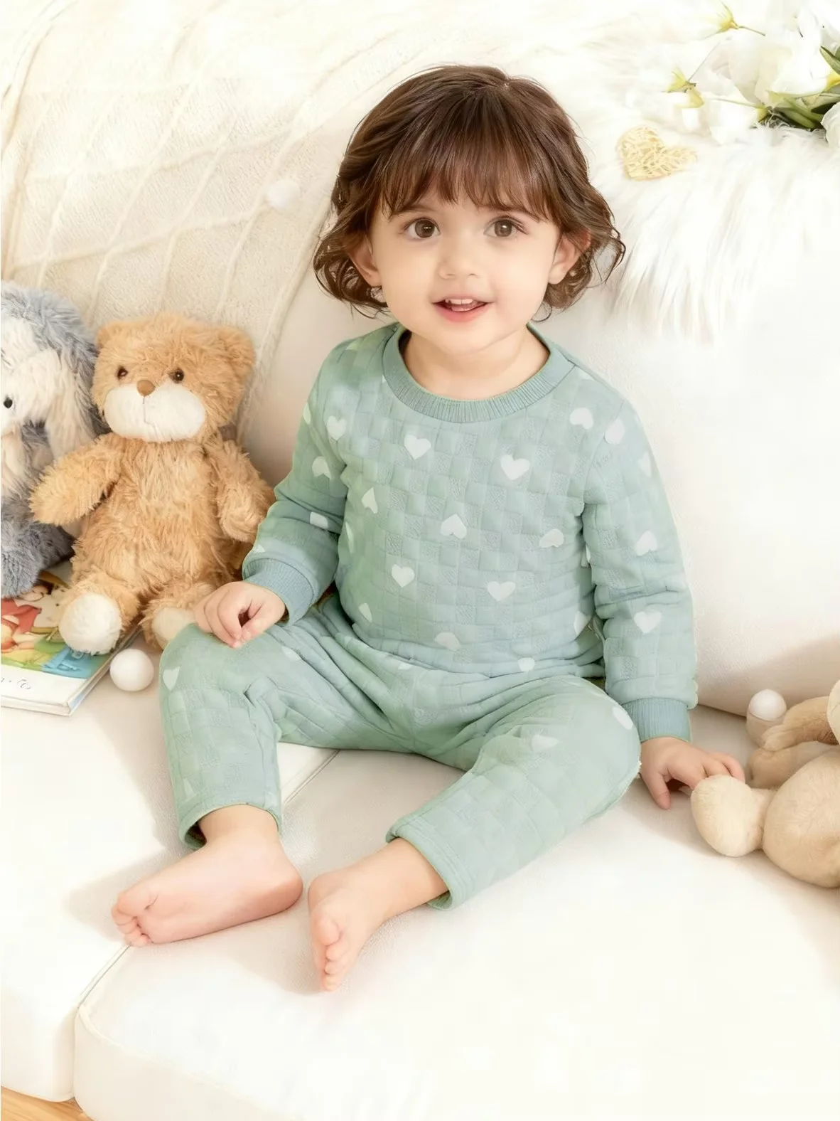 Girl's clothing with heart-shaped pattern long sleeved pants set