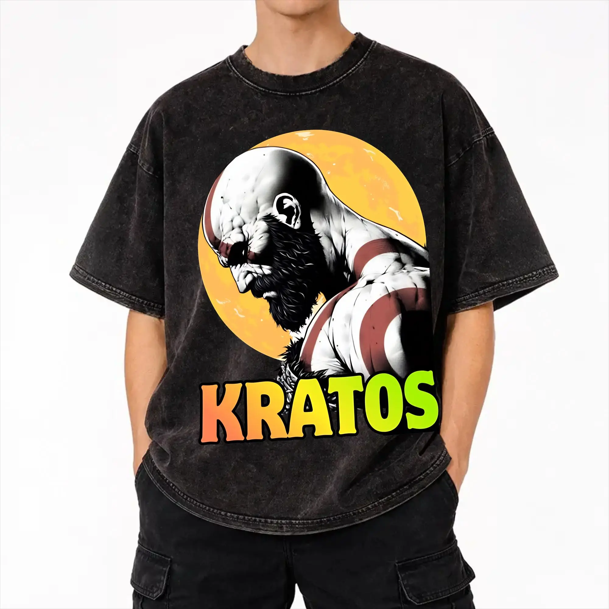 Kratos Lord God of War Washed T Shirt Streetwear Hip Hop Fashion T-Shirt  Tees for Men Women Short Sleeve Harajuku