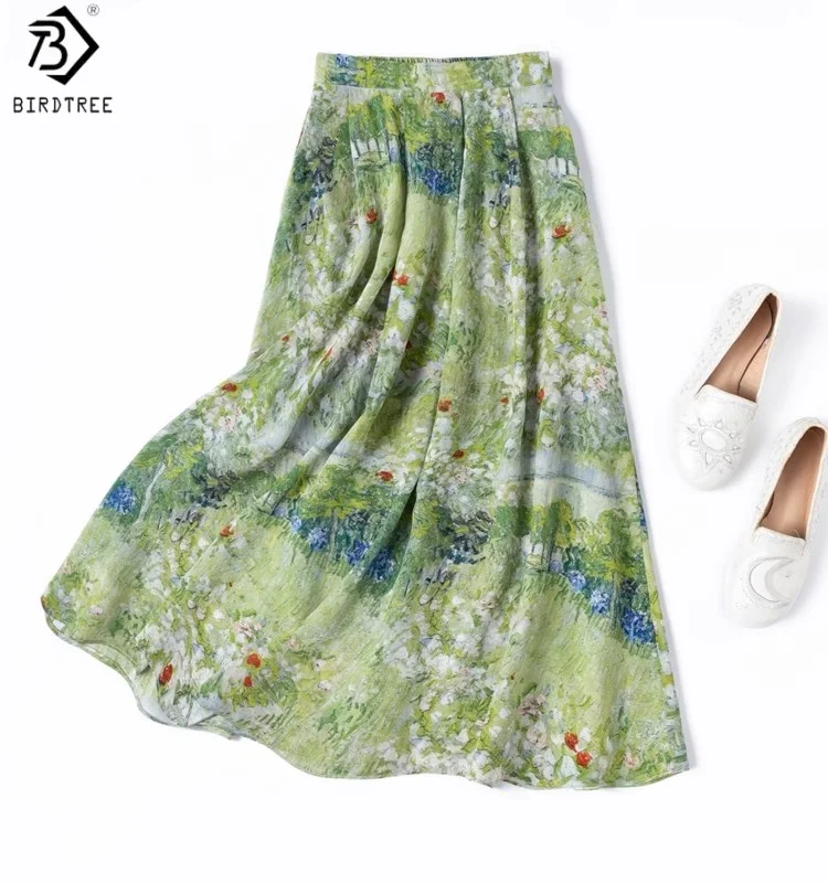 

Birdtree Summer 100% Mulberry Silk White Skirt,Women Double Crepe Elastic Waist Printing Loose Skirt,Vacation Style D56506JF