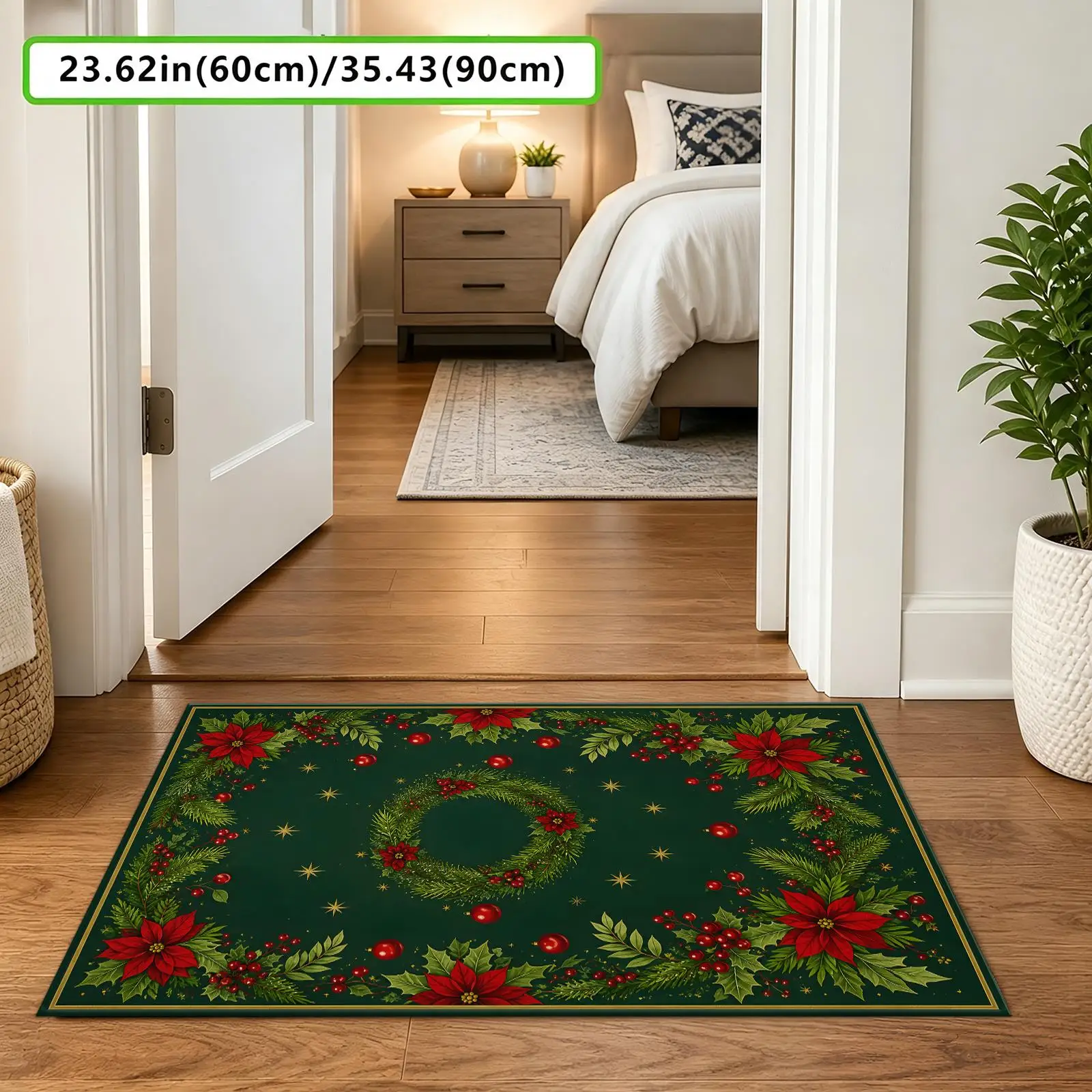 1pc Luxury Christmas Themed Area Rug, Poinsettia Wreath Pattern, Soft Non Slip Washable Indoor Festive Mat, Multiple Sizes