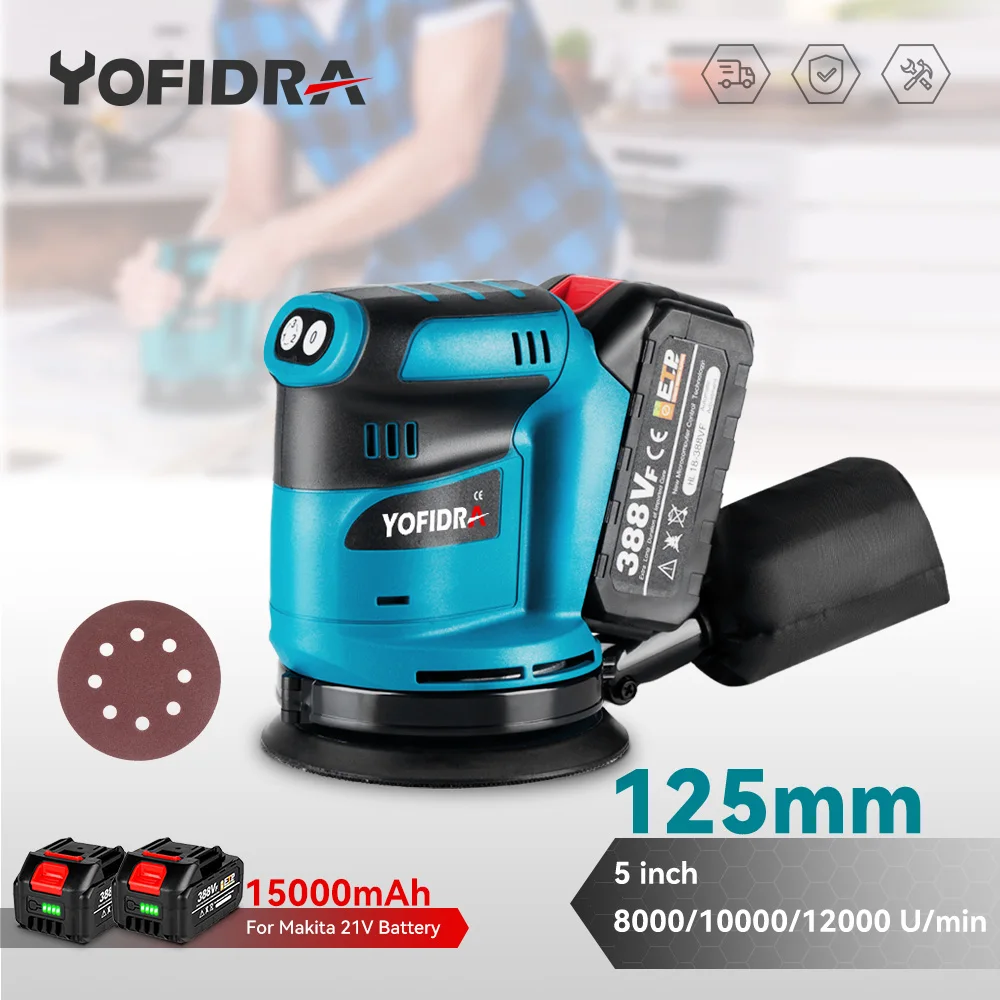 YOFIDRA 12000RPM 125mm Electric Orbital Sander Adjustable Cordless Rechargeable Polishing Grinder Machine for Makita 18V Battery