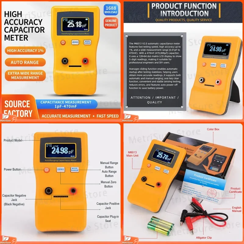Handheld Digital Capacitance Meter Auto Range LCD Display Capacitor Tester Multimeter for Electronics Repair DIY Hobbyist Lab