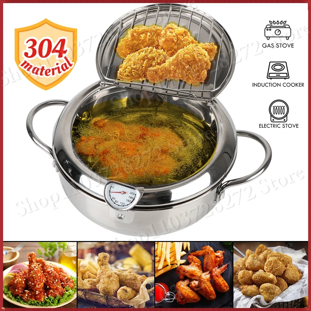 

Hot sale 20 cm Cooking Tool 304 Stainless Steel 2 Handles 2.2L With Thermometer and Lid Tempura Fryer Pan Deep Frying Pot