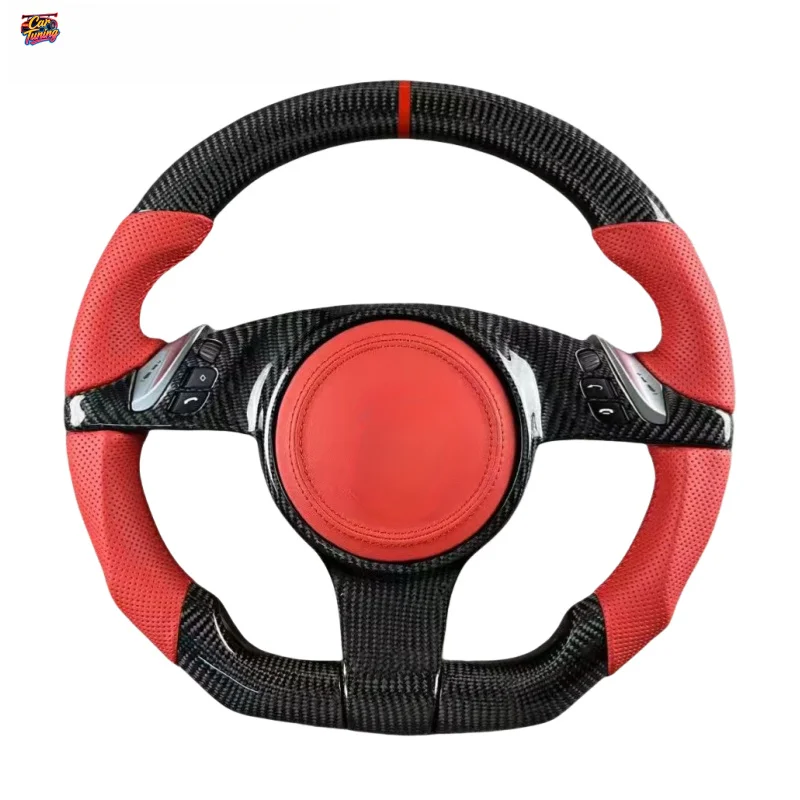 FOR Porsche Panamera Cayenne Macan Caycan Taycan 718 911 918 Red Leather Carbon Fiber Steering Wheel