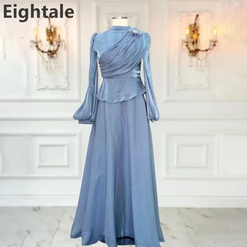 

Eightale 2025 Dusty Blue A Line Muslim Silk Satin Puff Sleeve Evening Dress Saudi Arabic Prom Dress Dubai Party Gown Customized