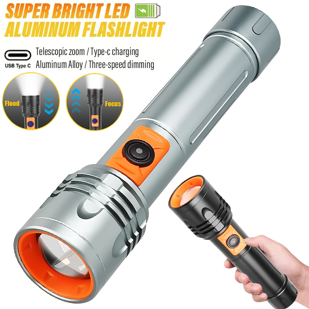 Powerful LED Flashlight USB Rechargeable torch with Adjustable Zoom Super Bright Flashlight for Outdoor Fishing and Camping