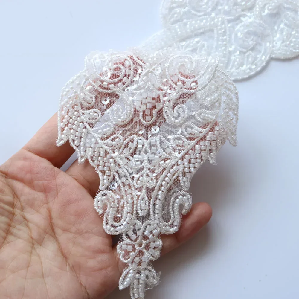 DIY luxury beaded embroidery lace appliques for wedding dresses Rhinestone lace applique patches Embroidery lace parches ropa