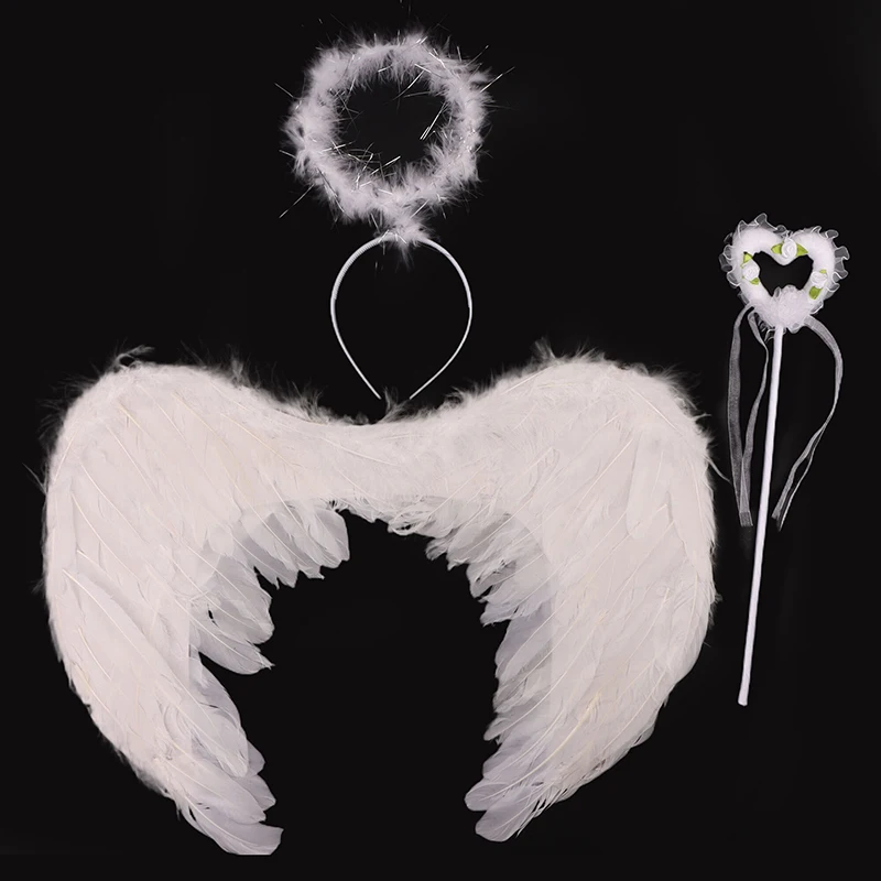 1 Set Wedding Birthday Christmas Party Costumes Kids Party Wings Swallow Halloween Cosplay White Angel Feather Wing Wands