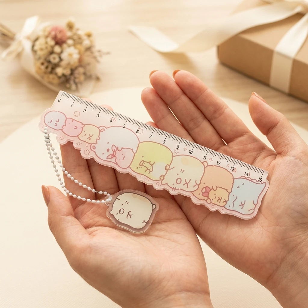 Clear Acrylic Ruler 15cm Two Pieces Stacked Animal Friends Mini 5cm Ruler Ball Chain School Supplies Students Writing Drawing