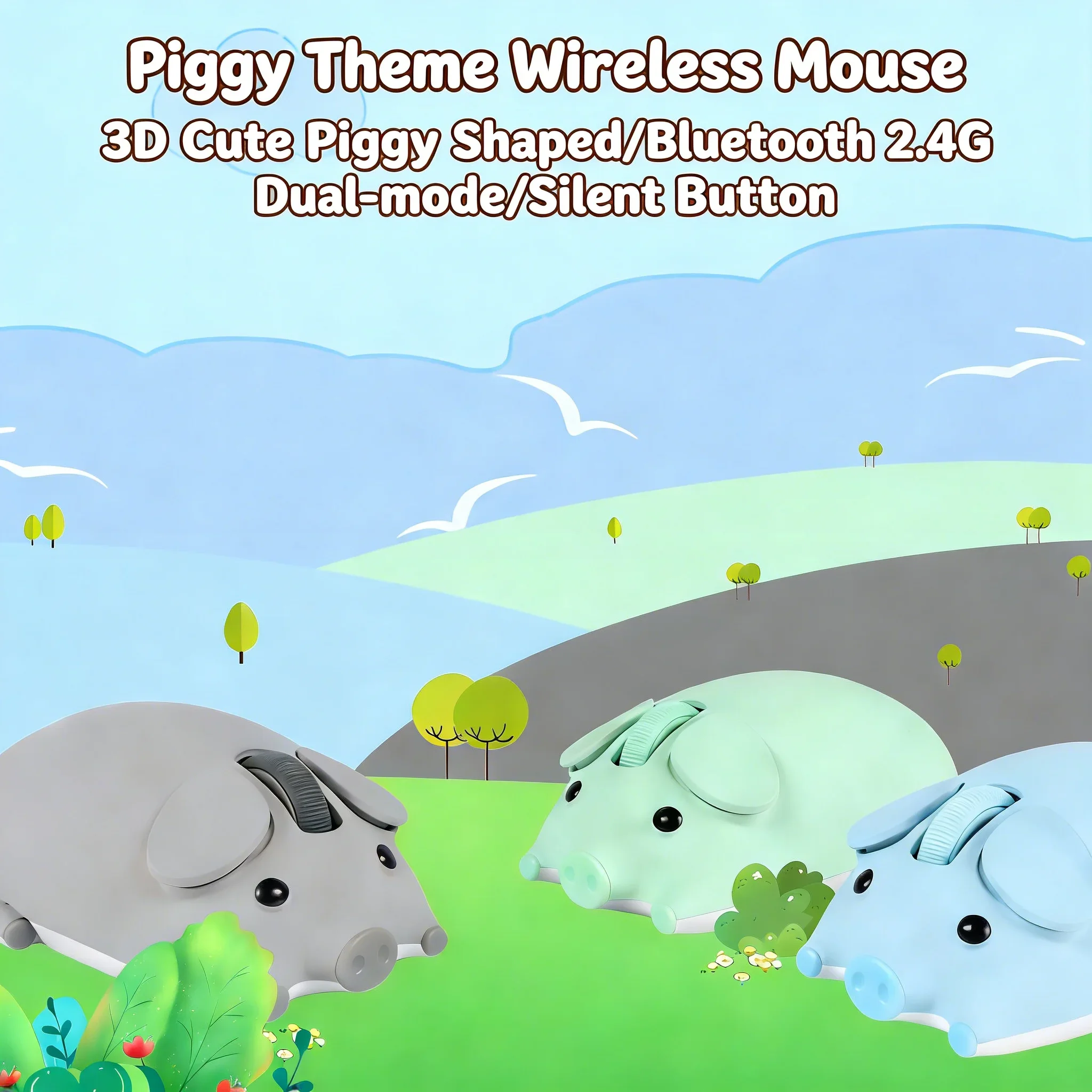 Silent Bluetooth 2.4G Wireless Mouse Cute Cartoon Pig Design
