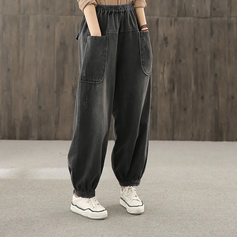 Women's Plus Size Straight Leg Jeans Korean Style Loose Fit Patchwork Big Pockets High Waist for Curvy Girls