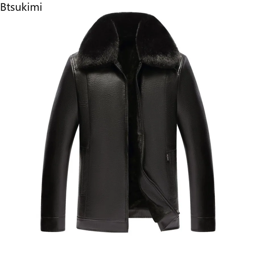Men's Fur Collar Leather Jacket Oversize Winter Plush Thick Motorcycle PU Jacket Father Dad Outfit Black Faux Fur Collar Coats